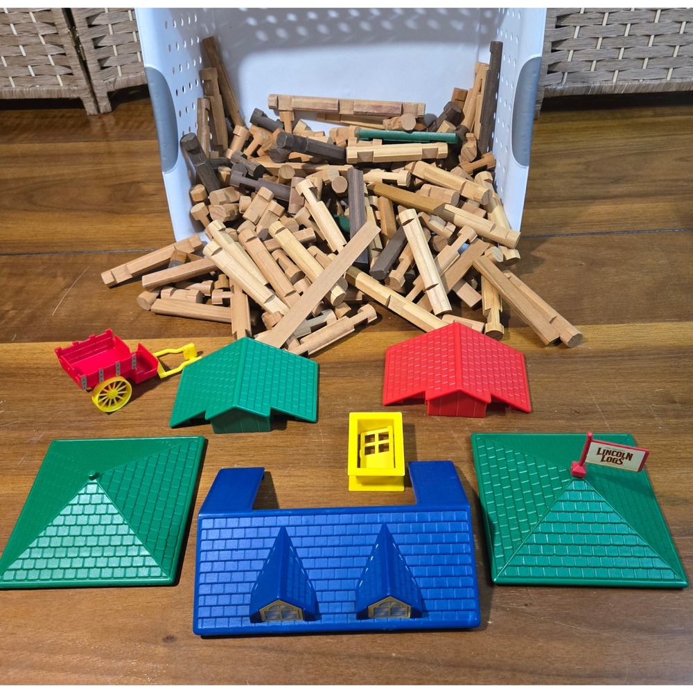 Vintage Lincoln Logs Wooden Building Set Bulk Lot Roofs Door Wagon Flag